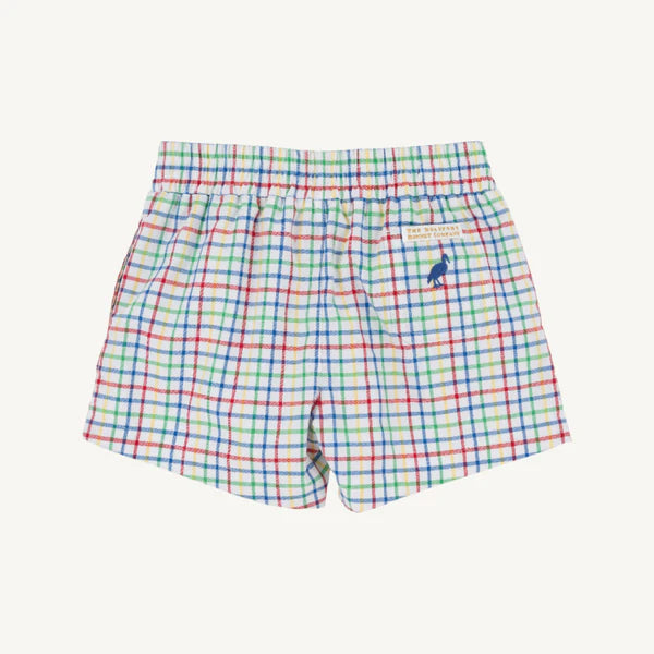 The Beaufort Bonnet Company Sheffield Shorts- Kindness Wins Windowpane with Wood Boat Blue