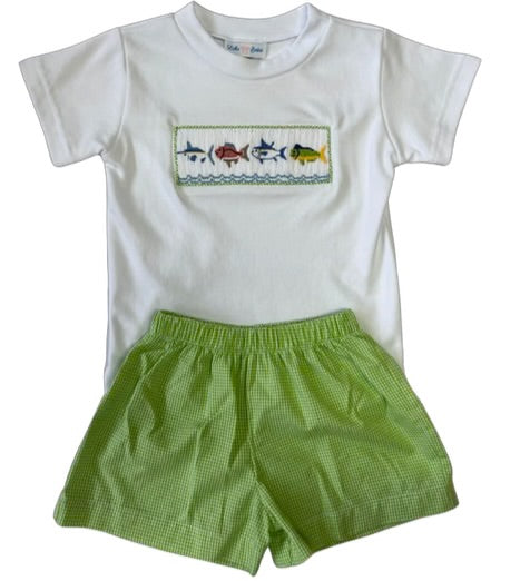 Lulu BeBe Tom Fish Short Set- Green Gingham