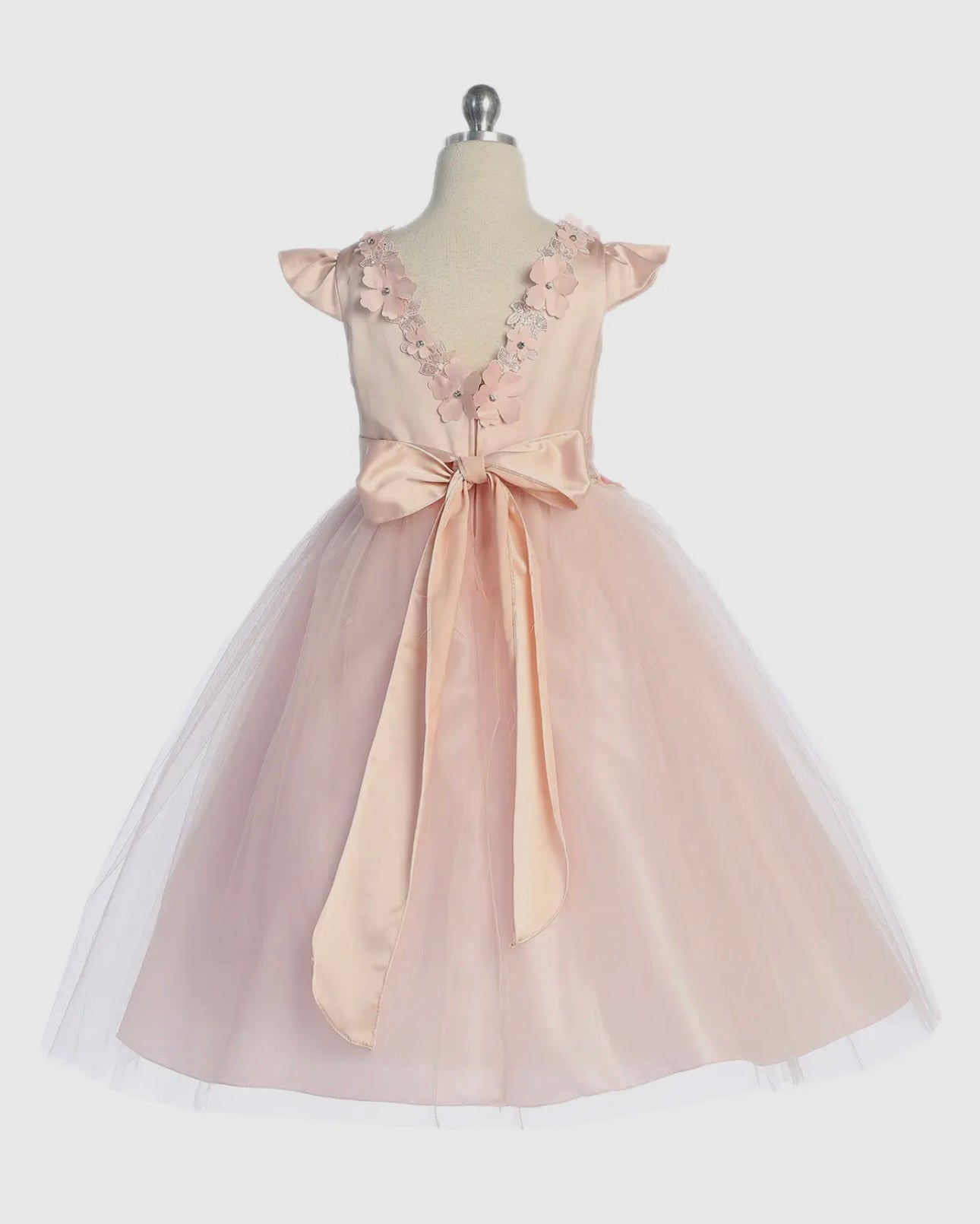 Kids Dream Blush capped sleeve floral trim satin dress