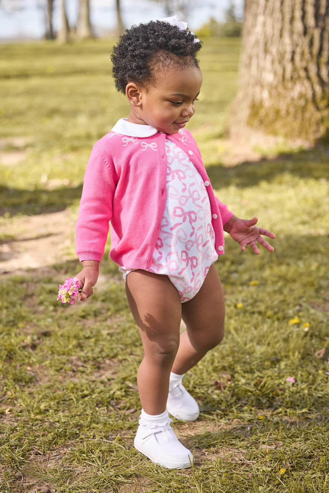 Little English Embroidered Essential Cardigan- Pink Bows