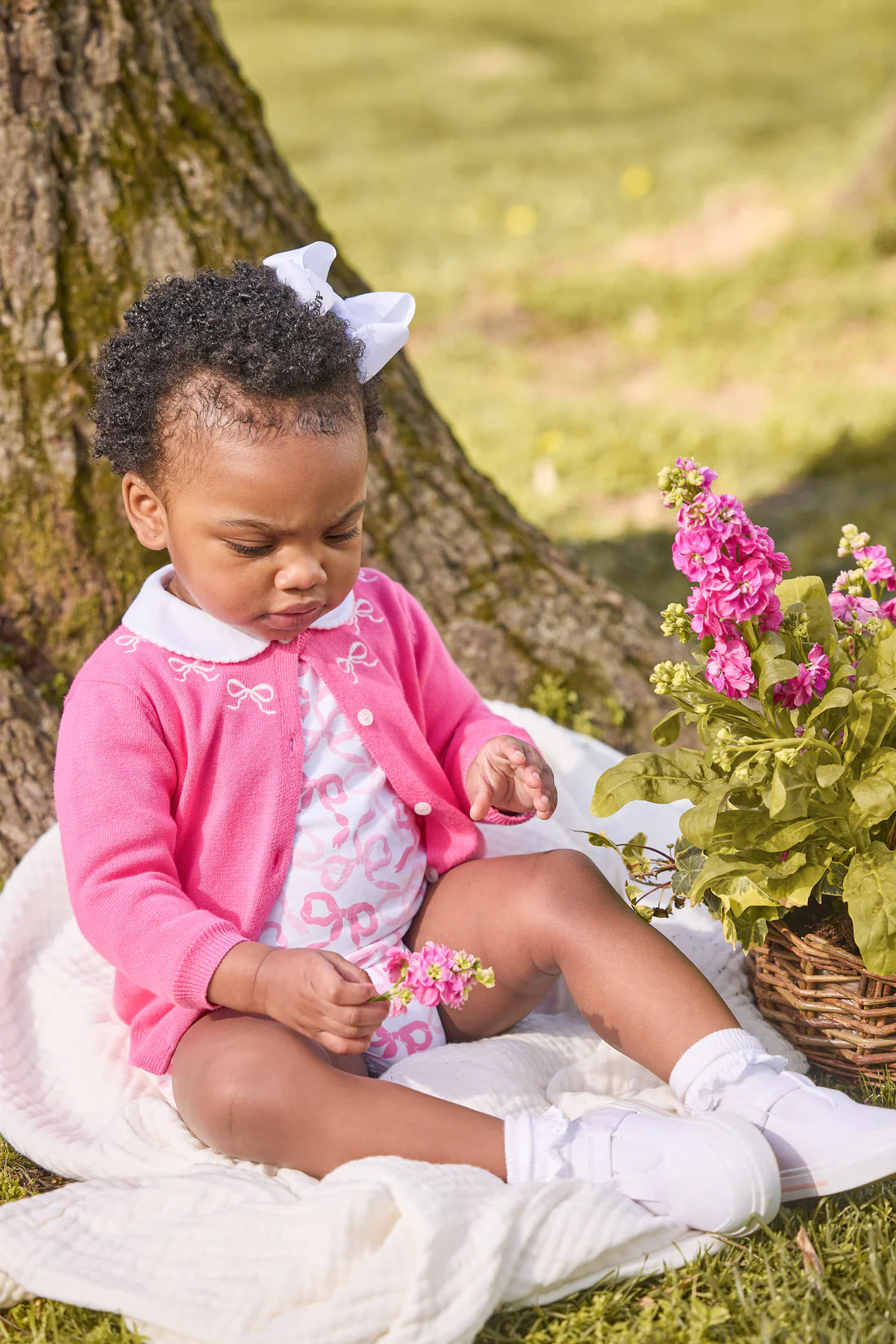 Little English Embroidered Essential Cardigan- Pink Bows