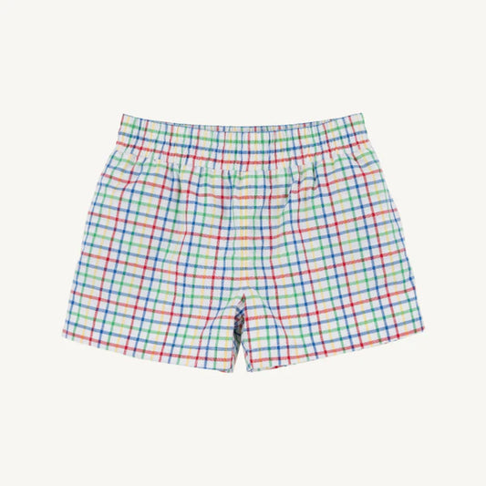 The Beaufort Bonnet Company Sheffield Shorts- Kindness Wins Windowpane with Wood Boat Blue