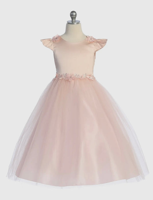 Kids Dream Blush capped sleeve floral trim satin dress