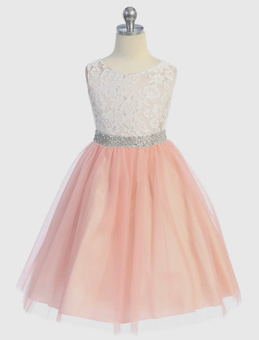 Kids Dream Dusty rose lace illusion dress with rhinestone trim