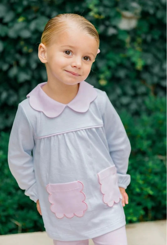 The Proper Peony LS Scallop Tunic set Blue Stripe