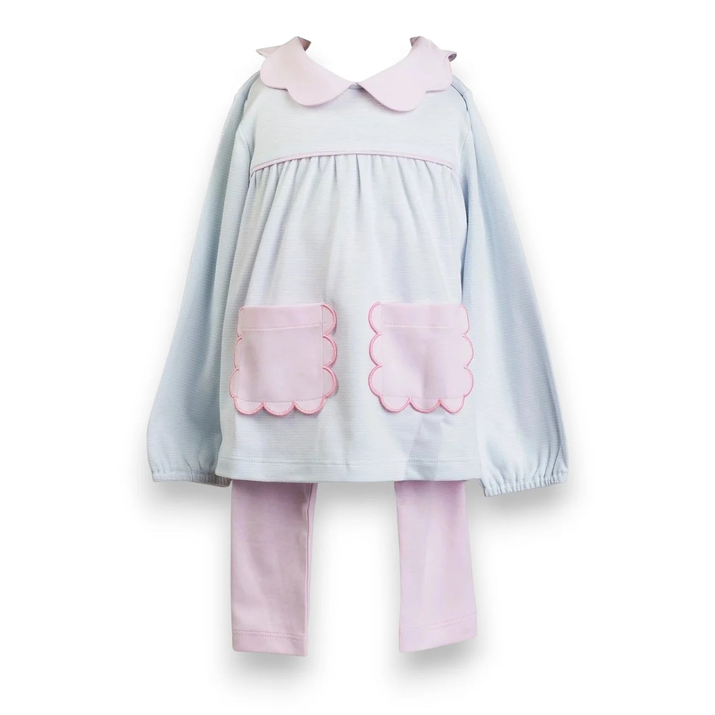 The Proper Peony LS Scallop Tunic set Blue Stripe