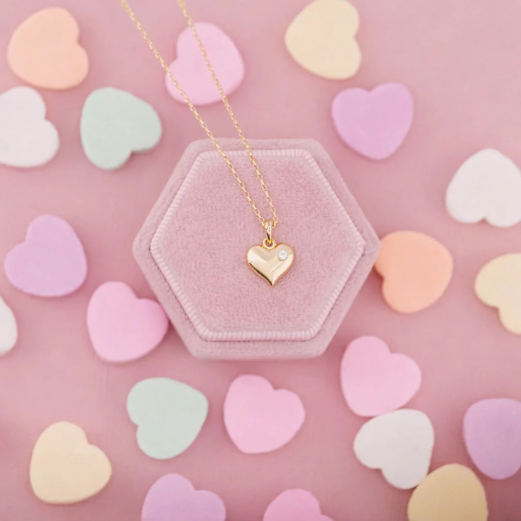 CM 14k gold plated puff heart charm necklace 14inch