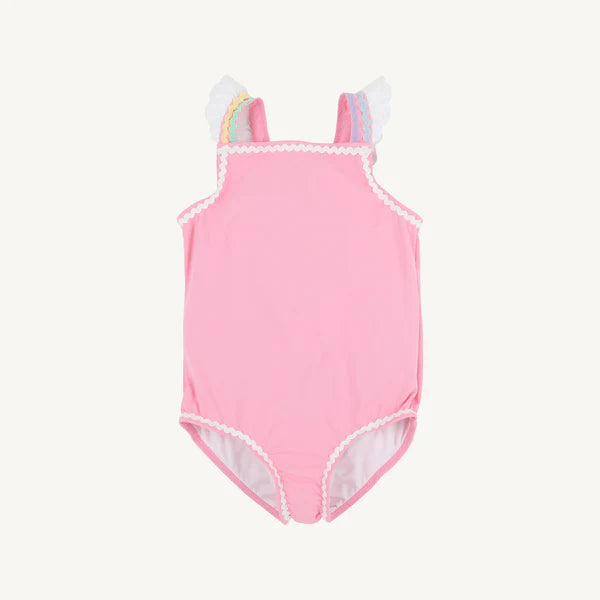 TBBC Long Bay Bathing Suit, Hamptons Hot Pink with Worth Avenue White & Multicolor Ric Rac