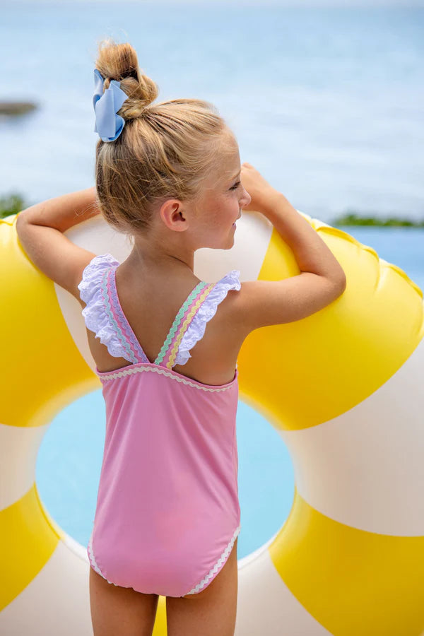 TBBC Long Bay Bathing Suit, Hamptons Hot Pink with Worth Avenue White & Multicolor Ric Rac