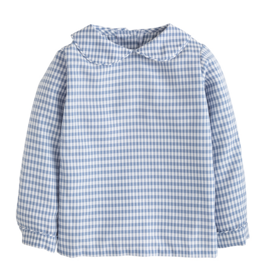 Little English Peter Pan Shirt, Gray Blue Gingham